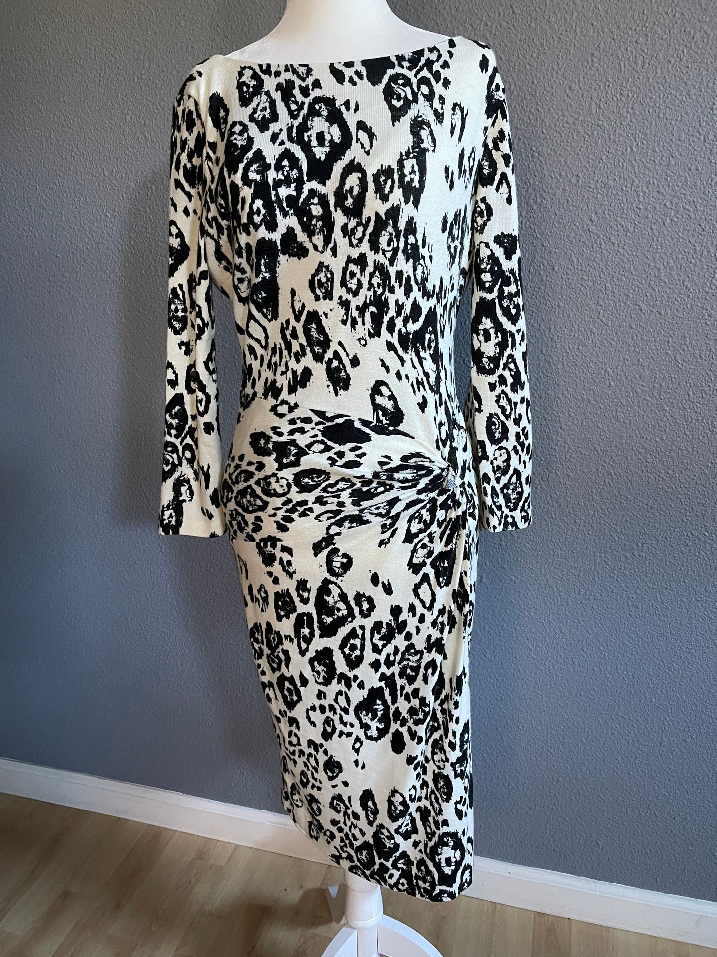 Cache Black and White Animal Print Midi Dress