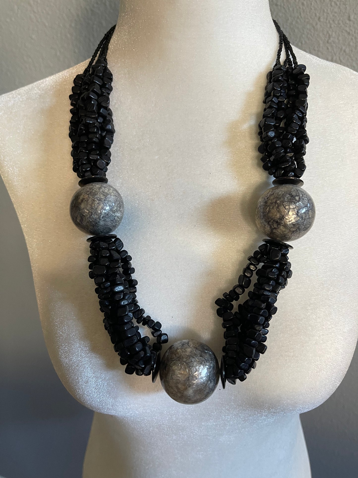 Bold Black Beaded Statement Necklace with Silver Spheres