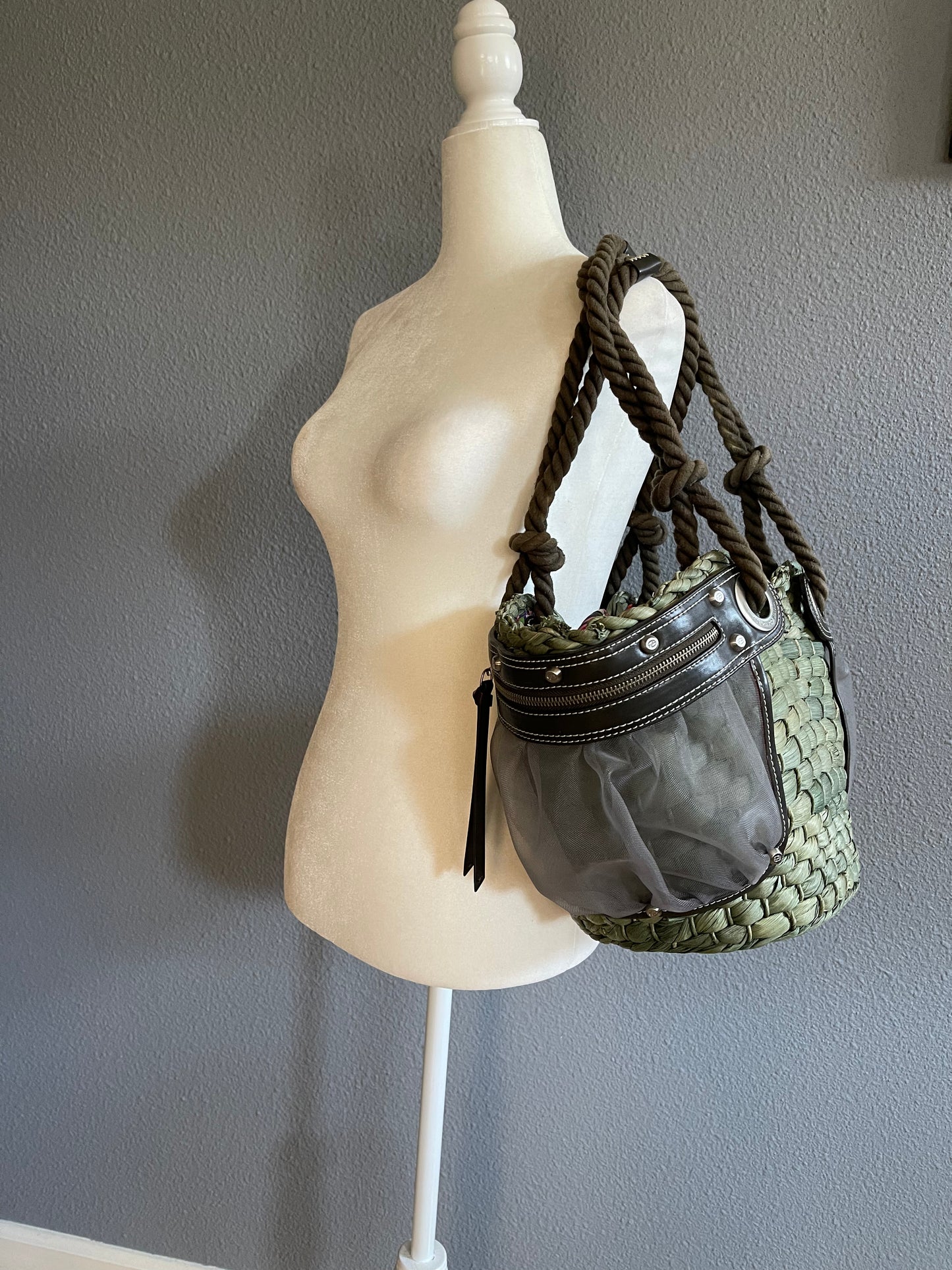 Francesco Biasia Green Woven Tote Bag