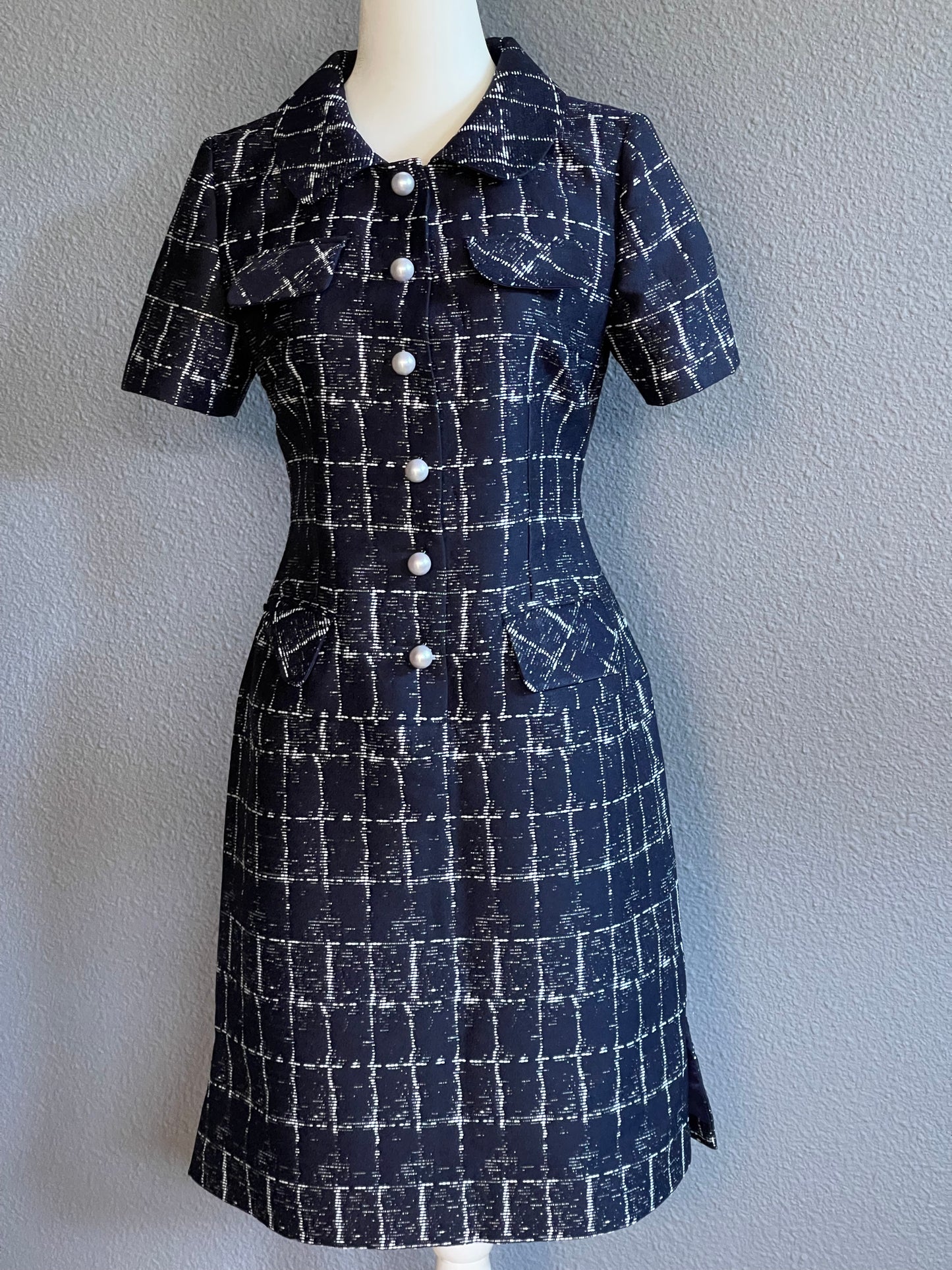 Handmade Navy Plaid Dress with Pearl Buttons