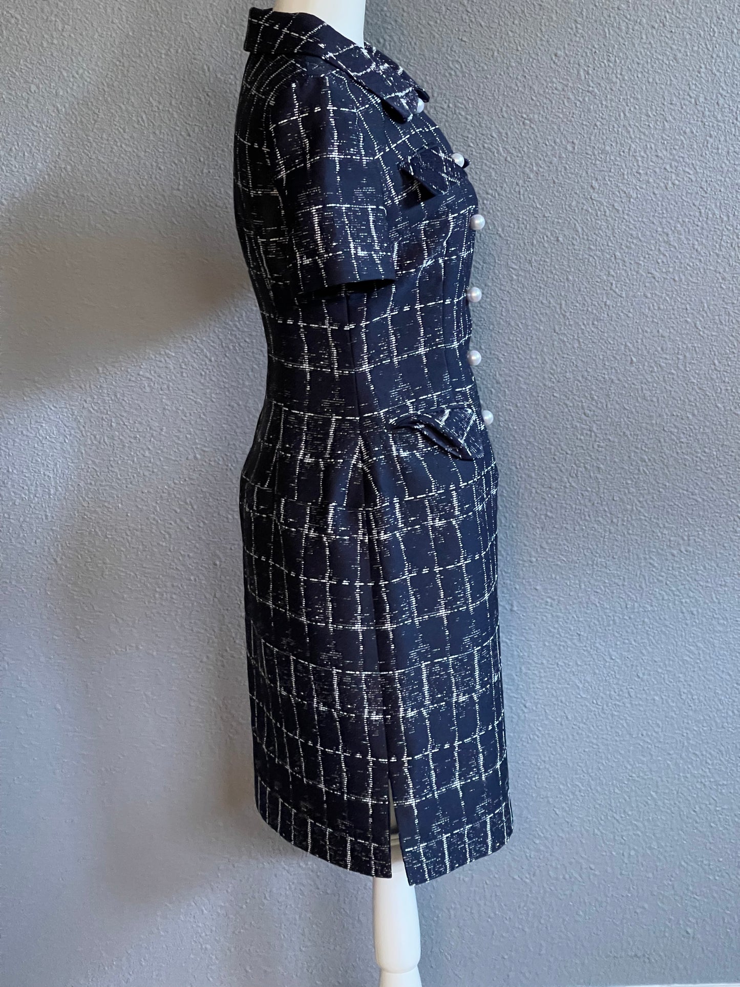 Handmade Navy Plaid Dress with Pearl Buttons