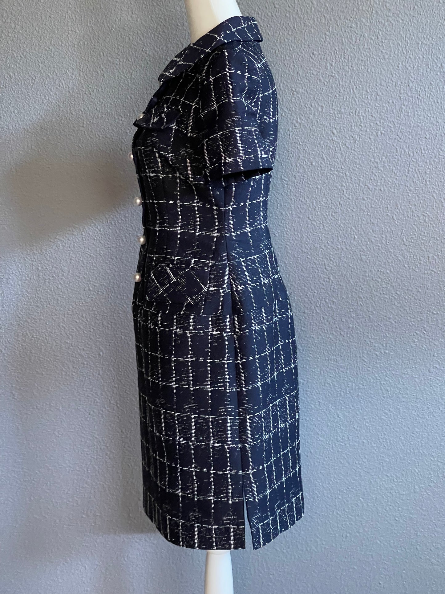 Handmade Navy Plaid Dress with Pearl Buttons