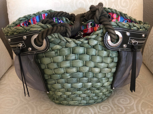 Francesco Biasia Green Woven Tote Bag