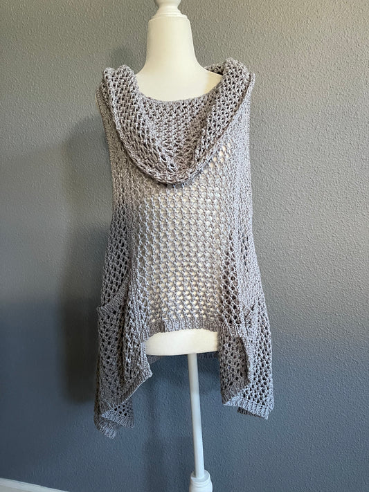 Gray Open-Knit Hooded Vest