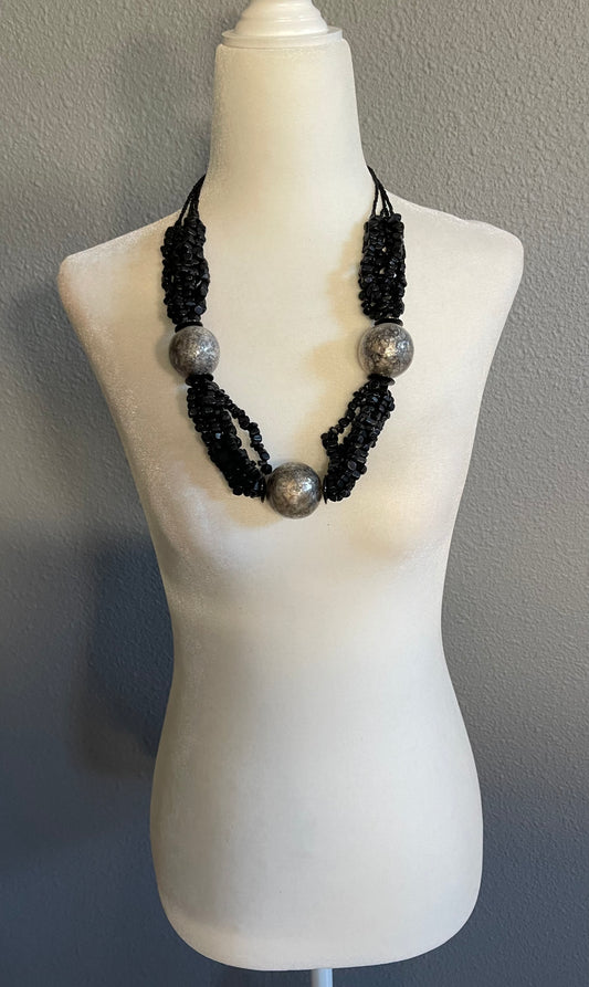 Bold Black Beaded Statement Necklace with Silver Spheres