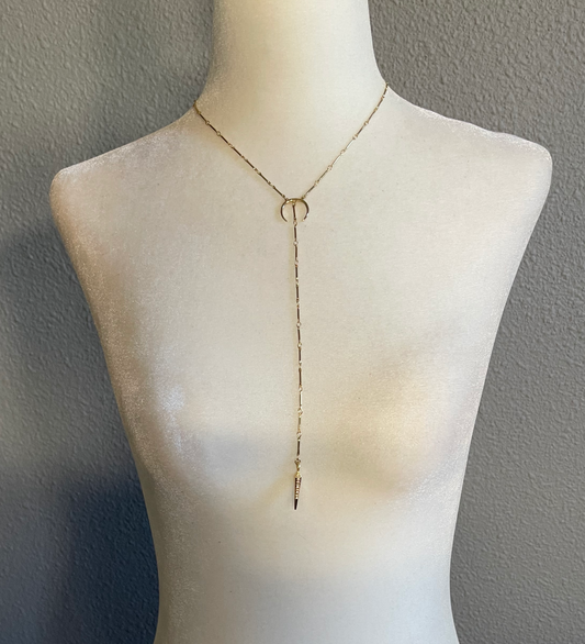 Delicate Gold Lariat Necklace with Crescent Moon and Spike Pendant