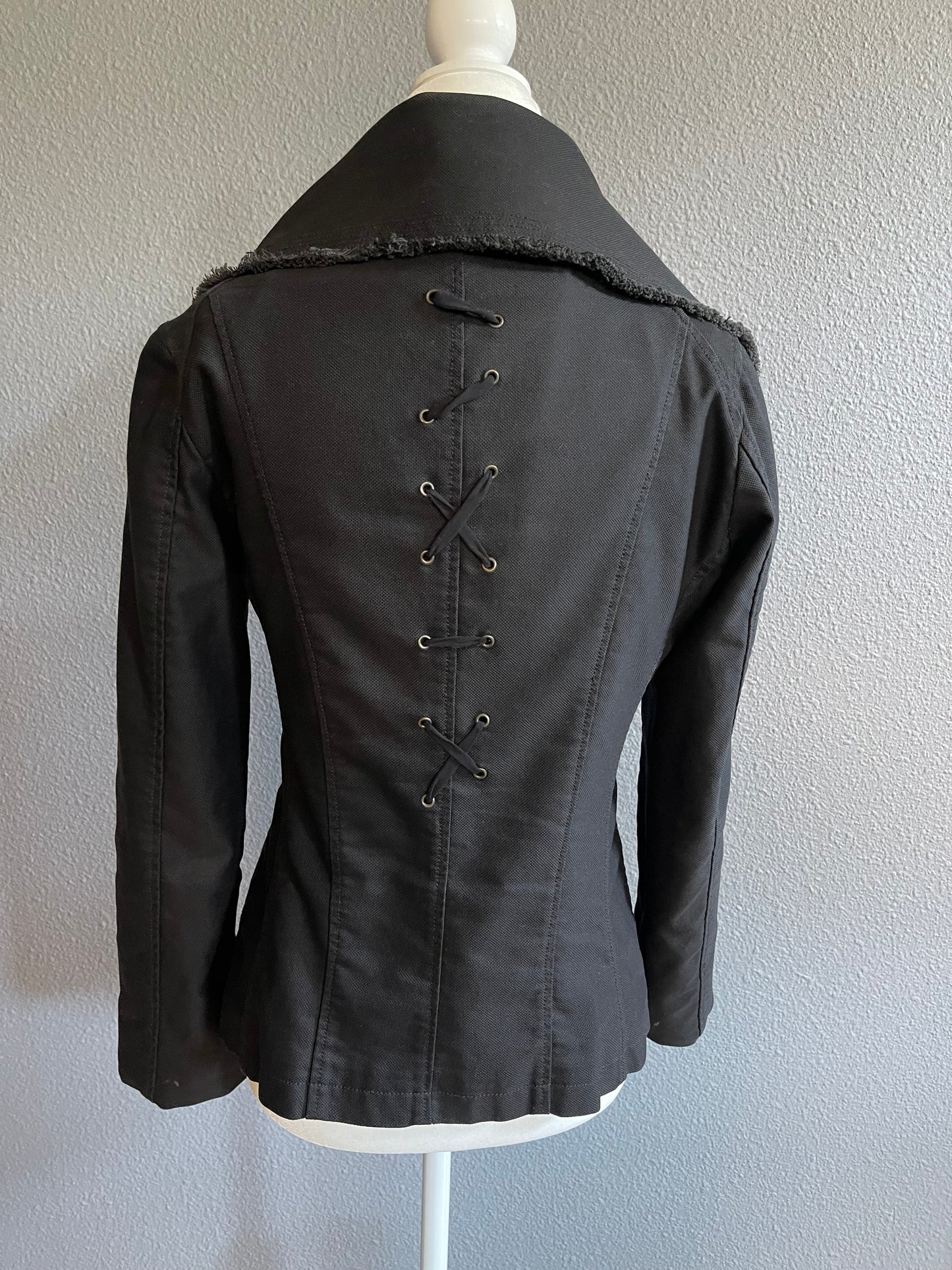 Edgy Black Double-Breasted Jacket with Lace-Up Back