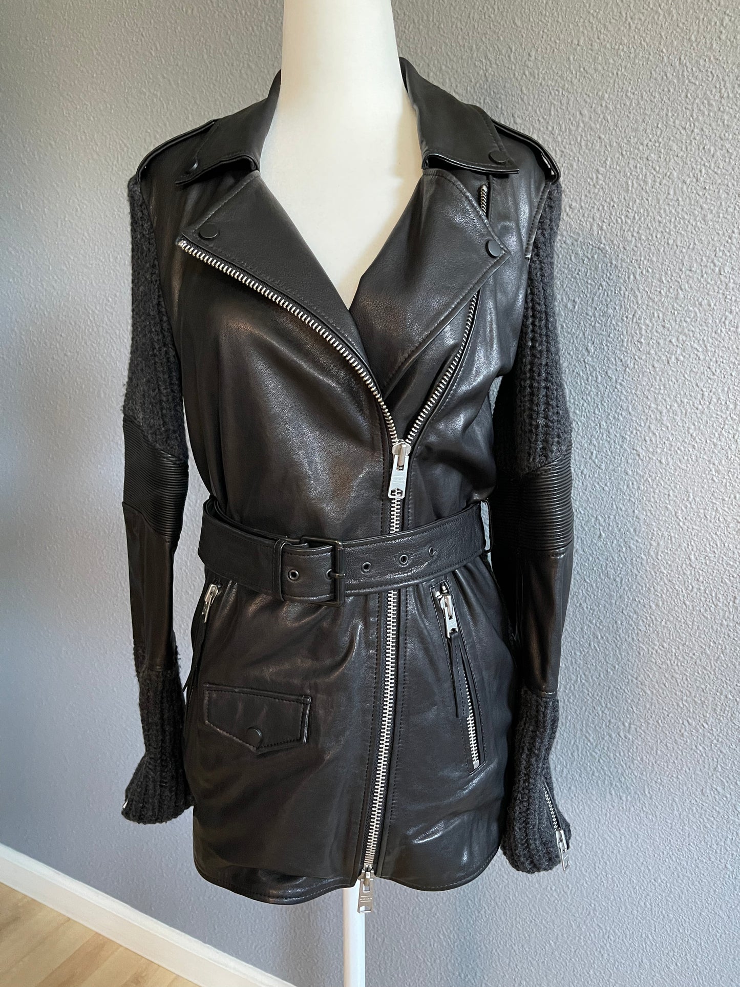 AllSaints Leather and Wool Hybrid Biker Jacket