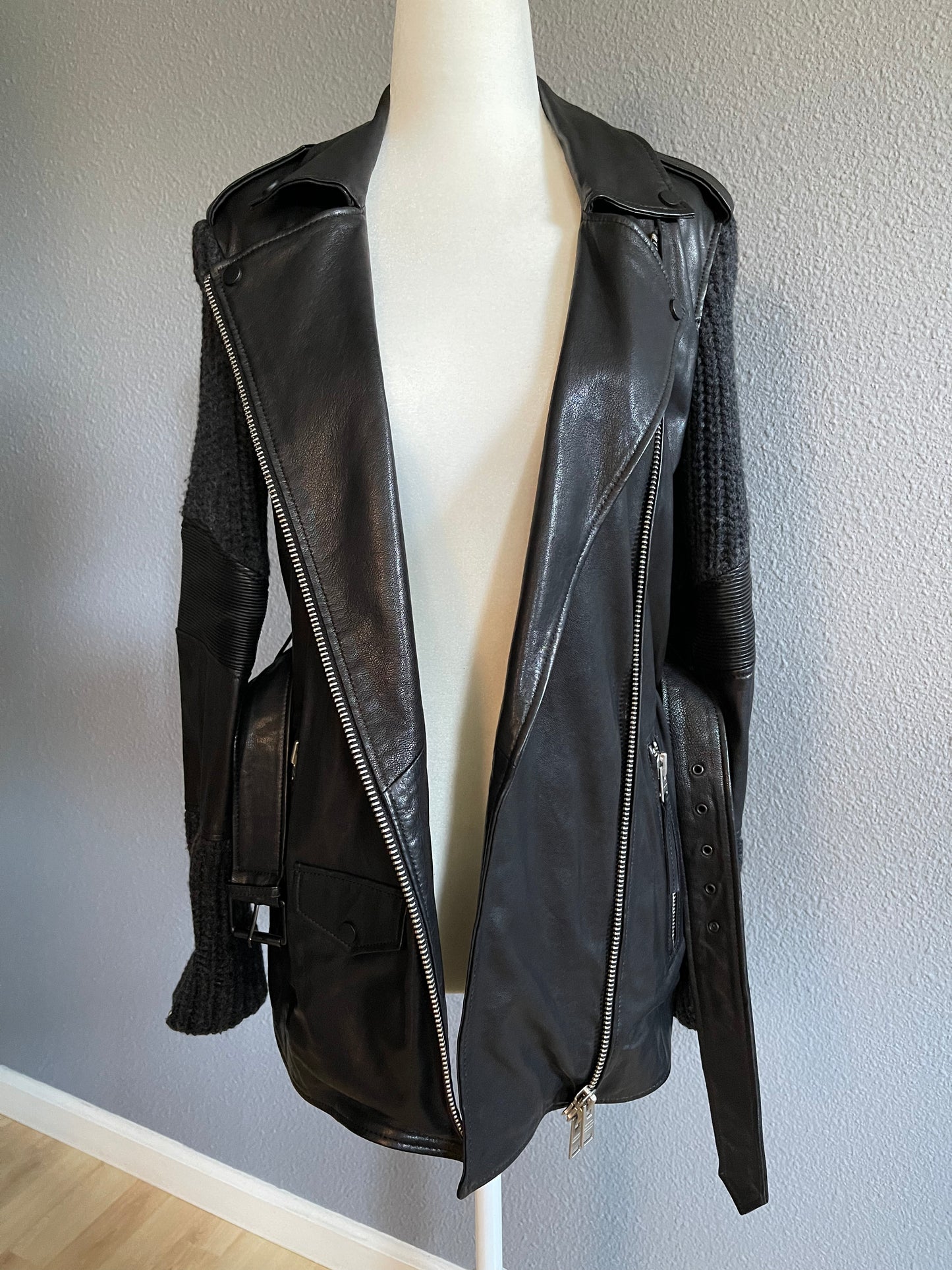 AllSaints Leather and Wool Hybrid Biker Jacket