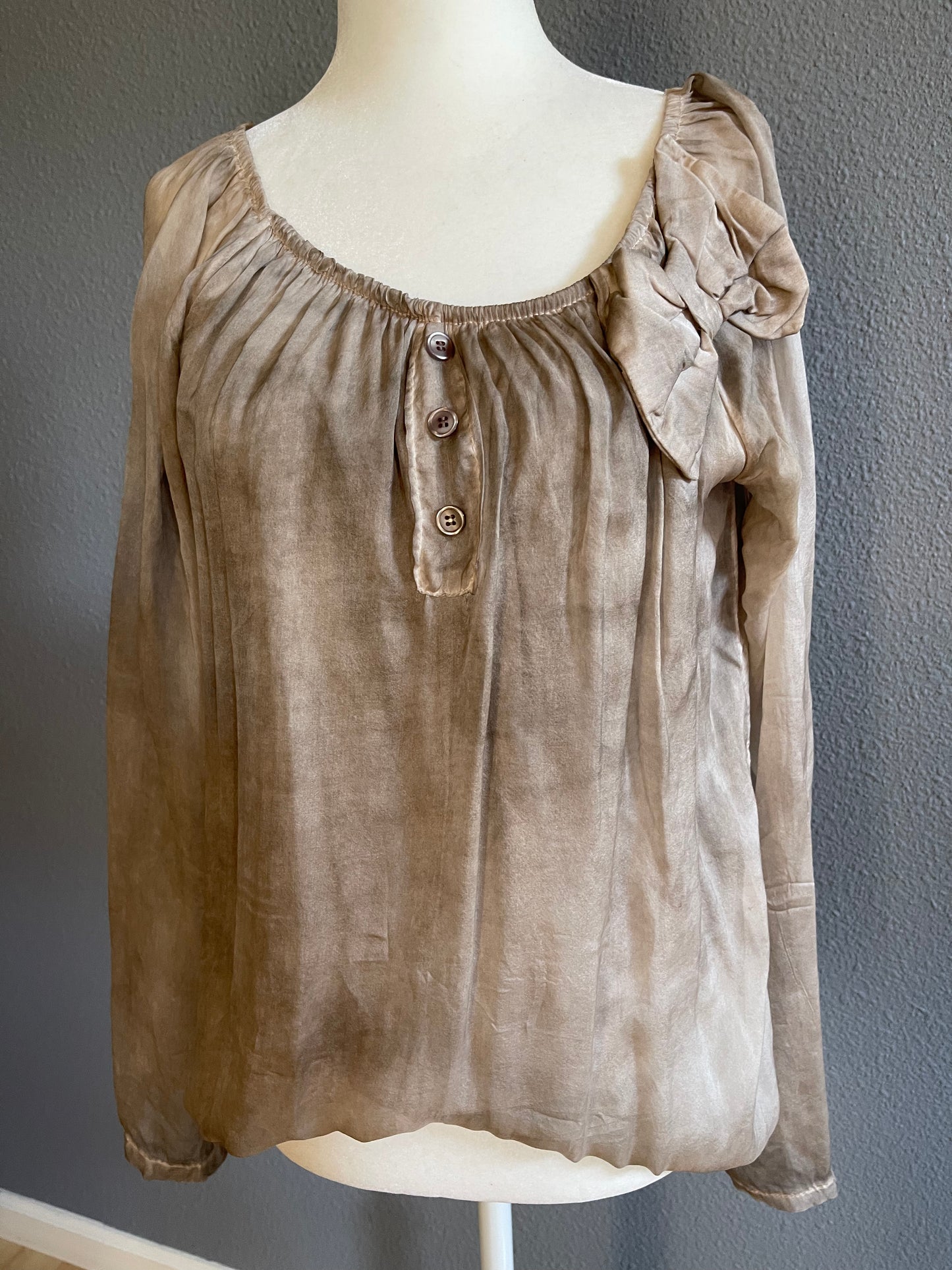 Taupe Silk Blouse with Bow Detail