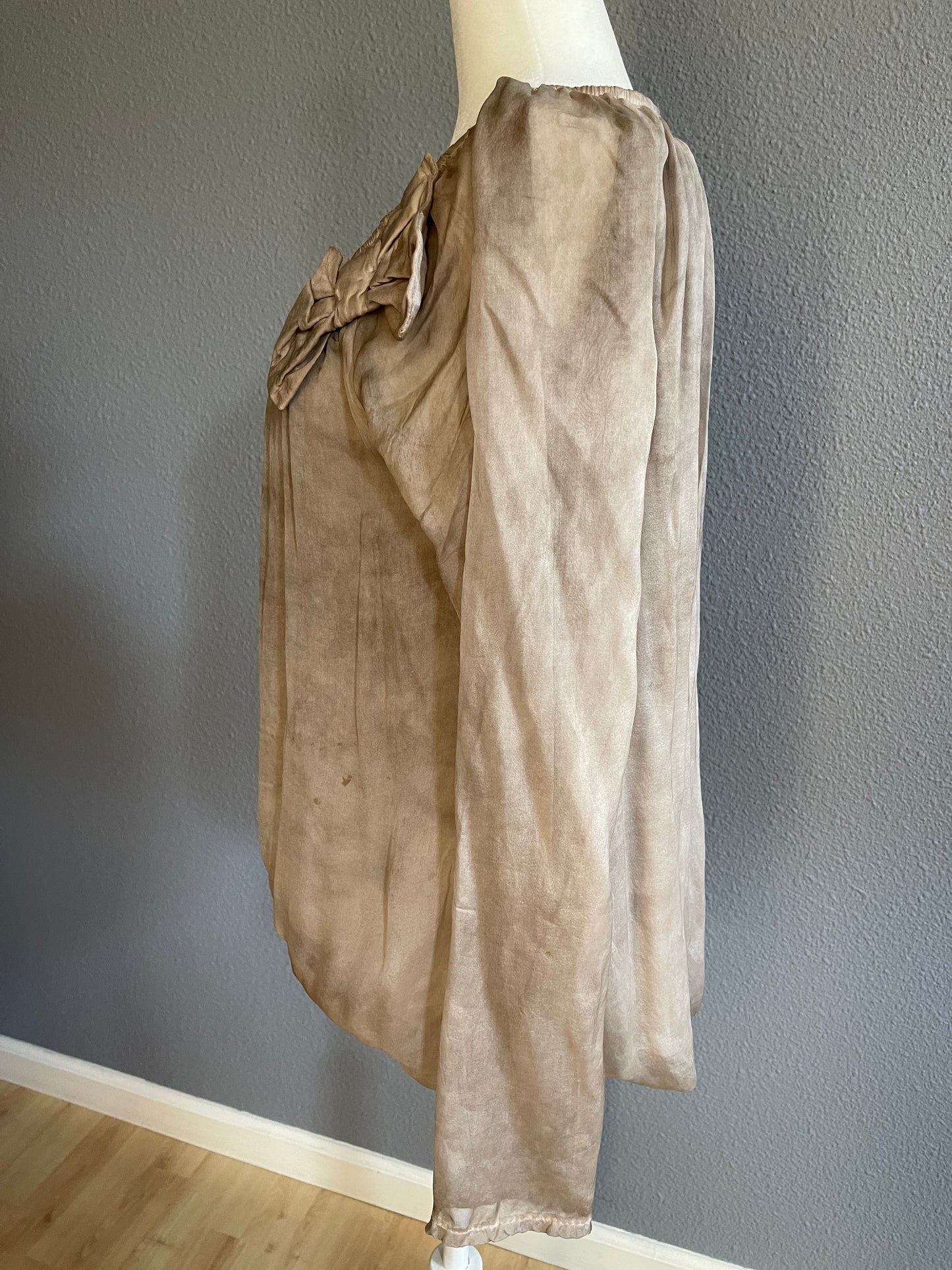 Taupe Silk Blouse with Bow Detail